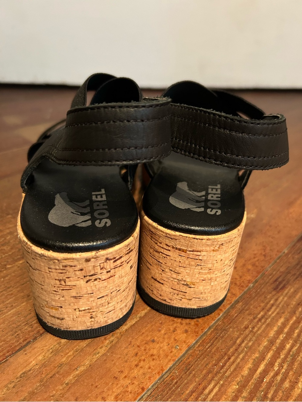Sorel Black Cork Platform Sandals with Elastic Crossover Straps - Picture 3 of 7